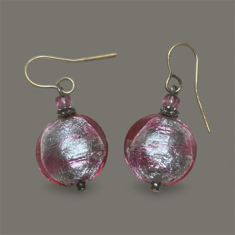 Murano Venetian glass pink and Silver Earrings